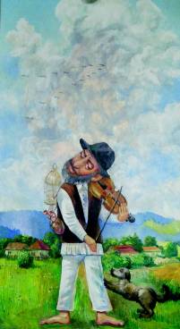 buntes gemaltes Bild mit einem einfach gekleideten jüdischen Musikanten, der Violine spielt