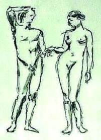 Grafik eines nackten Mannes und einer nackten Frau, die nebeneinander stehen